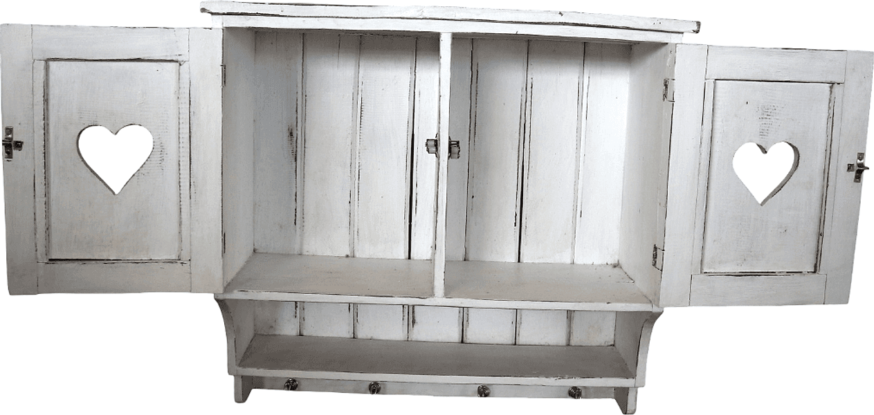 Mobile Pensile Country in Legno di Albesia Bianco Anticato con Cuori – Realizzato a Mano a Bali – 60x24x55 cm - 6