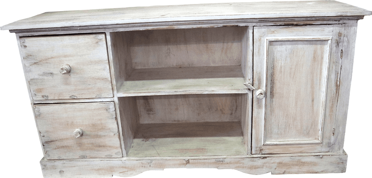 Mobile Porta TV in Legno di Albesia Bianco Decapato 120x34x60 cm – Artigianale Realizzato a Mano a Bali - 2