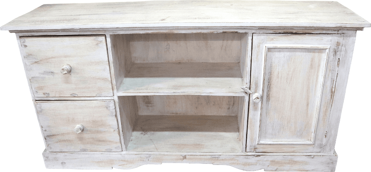 Mobile Porta TV in Legno di Albesia Bianco Decapato 120x34x60 cm – Artigianale Realizzato a Mano a Bali - 3