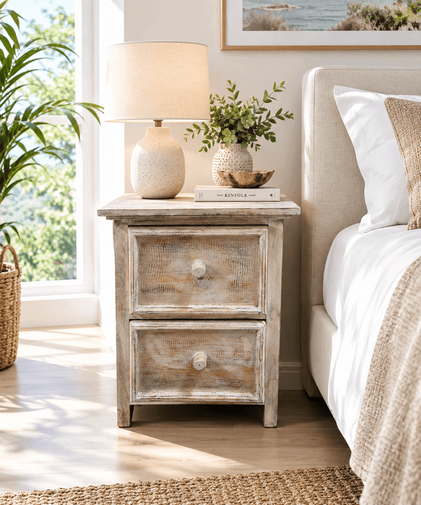 Comodino shabby chic in legno di albesia intagliato a mano – 40x39x50h cm