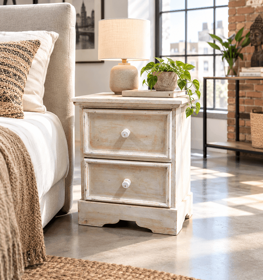 Comodino in Legno di Albesia Indonesiano – 2 Cassetti – Artigianale Shabby Chic – 38x37x50 cm