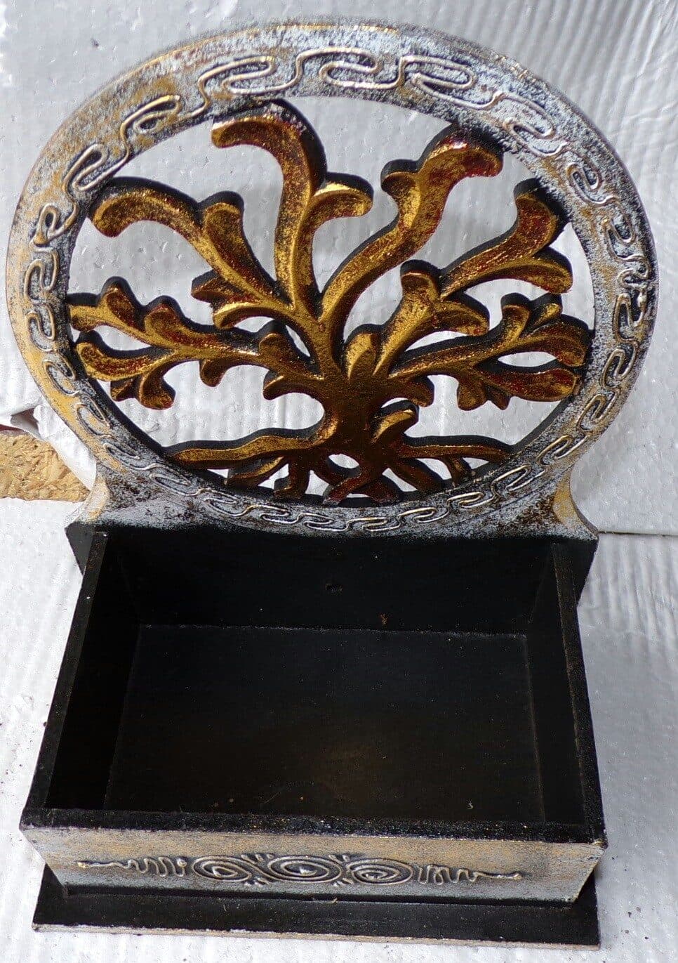 Scatola Portachiavi o svuota tasche anche muro in legno mdf con albero della vita  argento cm 20x14x20 - 3