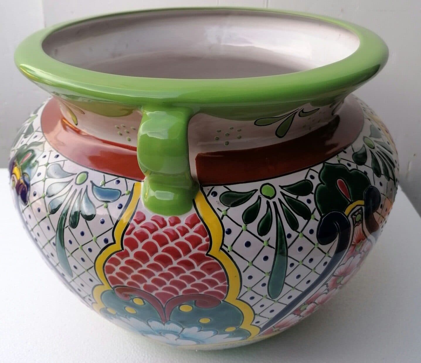 Vaso in ceramica Messicana realizzata e dipinto a mano cm 48x35 floreale 3 verde - 5