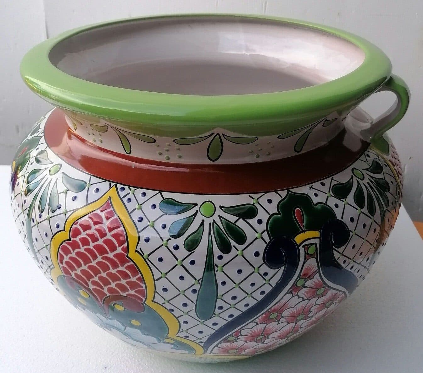 Vaso in ceramica Messicana realizzata e dipinto a mano cm 48x35 floreale 3 verde - 6