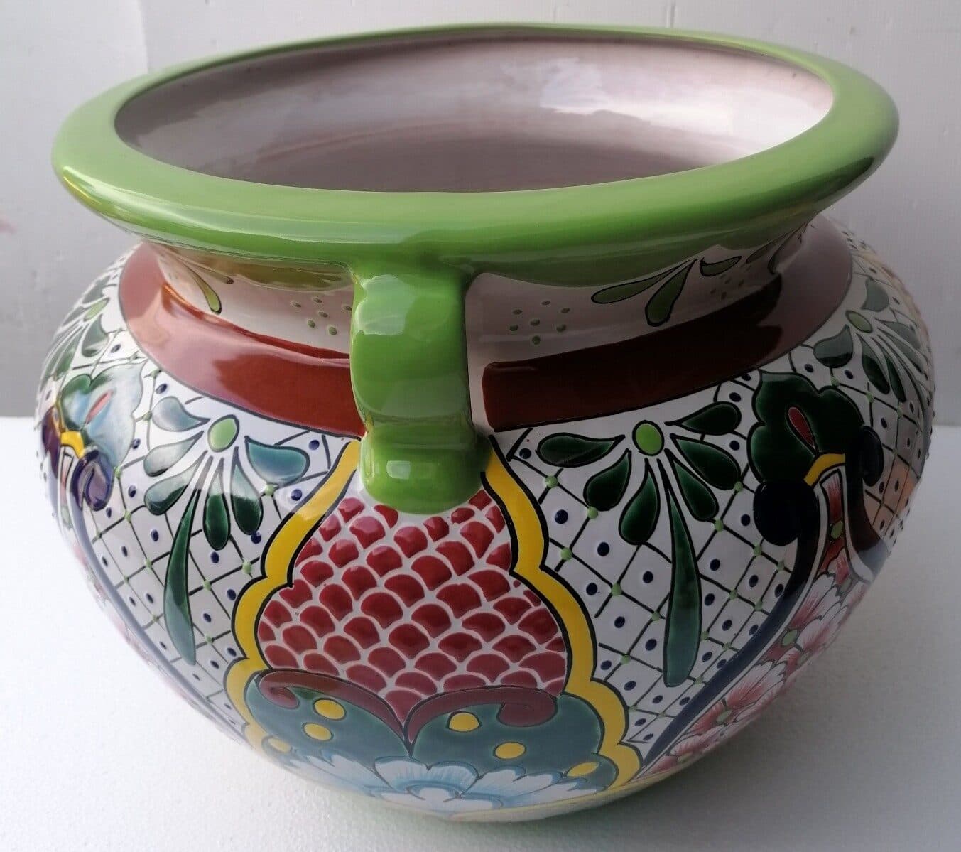 Vaso in ceramica Messicana realizzata e dipinto a mano cm 48x35 floreale 3 verde - 7
