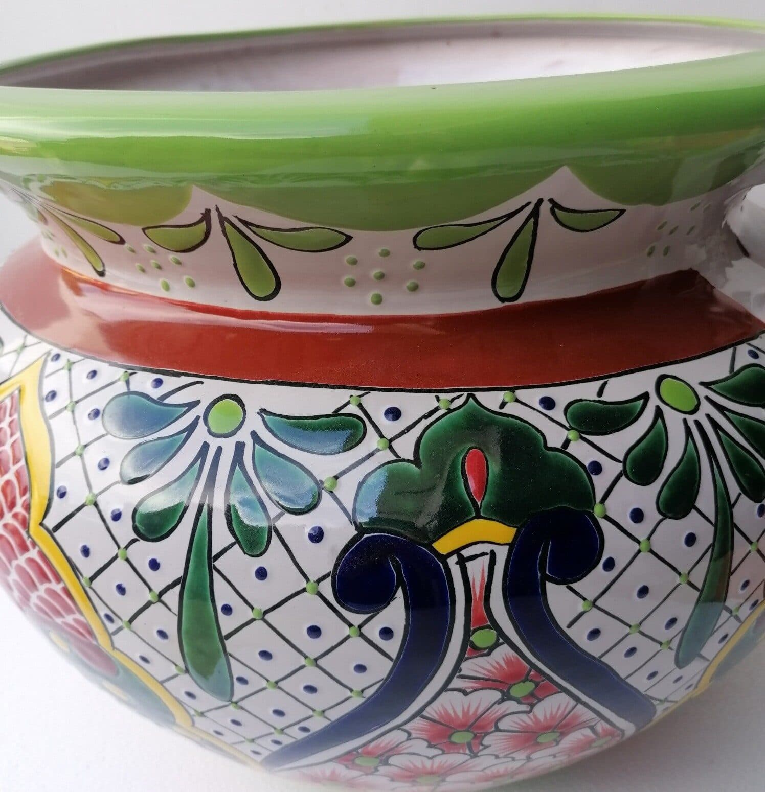 Vaso in ceramica Messicana realizzata e dipinto a mano cm 48x35 floreale 3 verde - 8