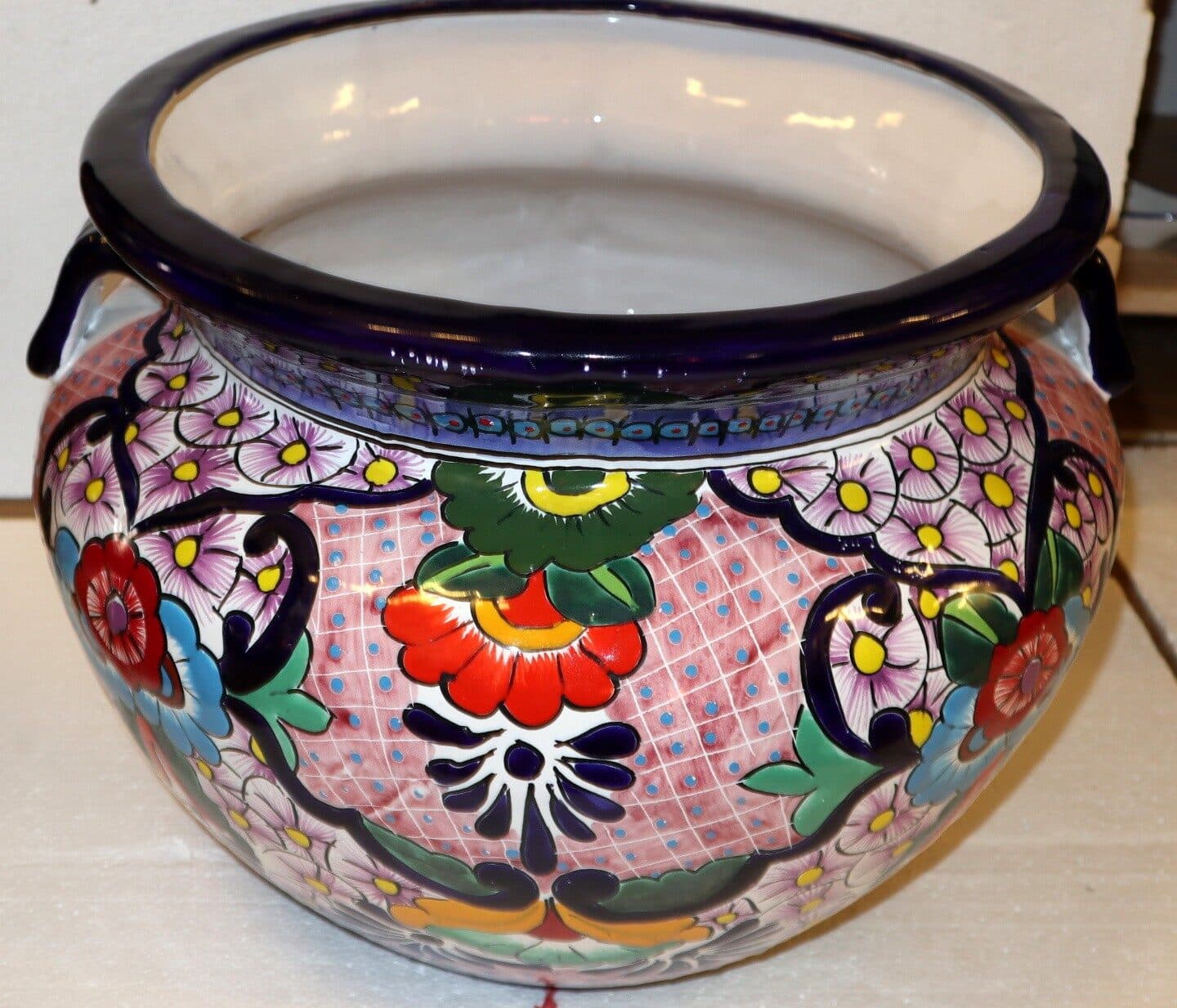 Vaso in ceramica Messicana realizzata e dipinto a mano cm 48x35 floreale rosa - 2
