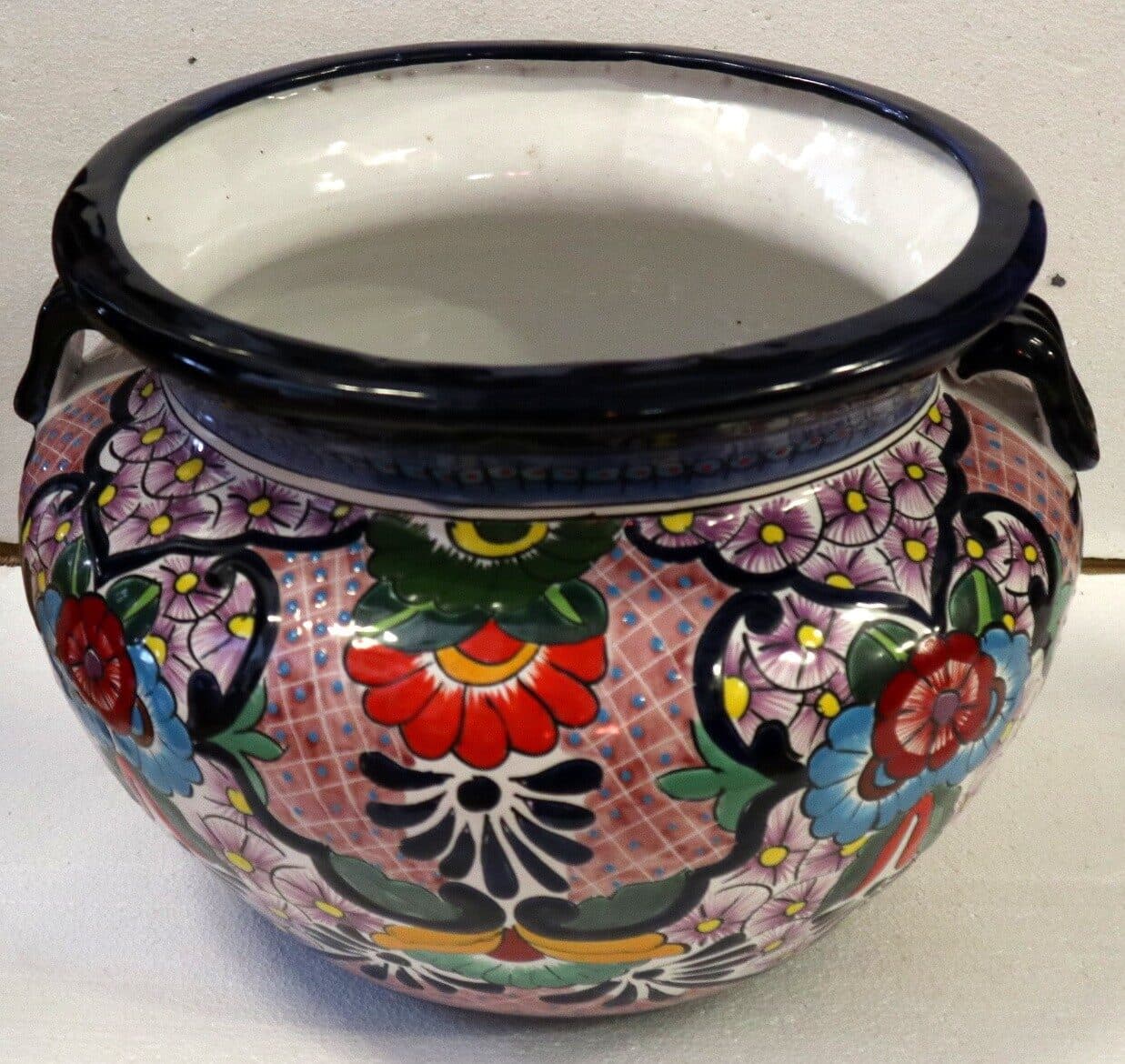 Vaso in ceramica Messicana realizzata e dipinto a mano cm 48x35 floreale rosa - 6