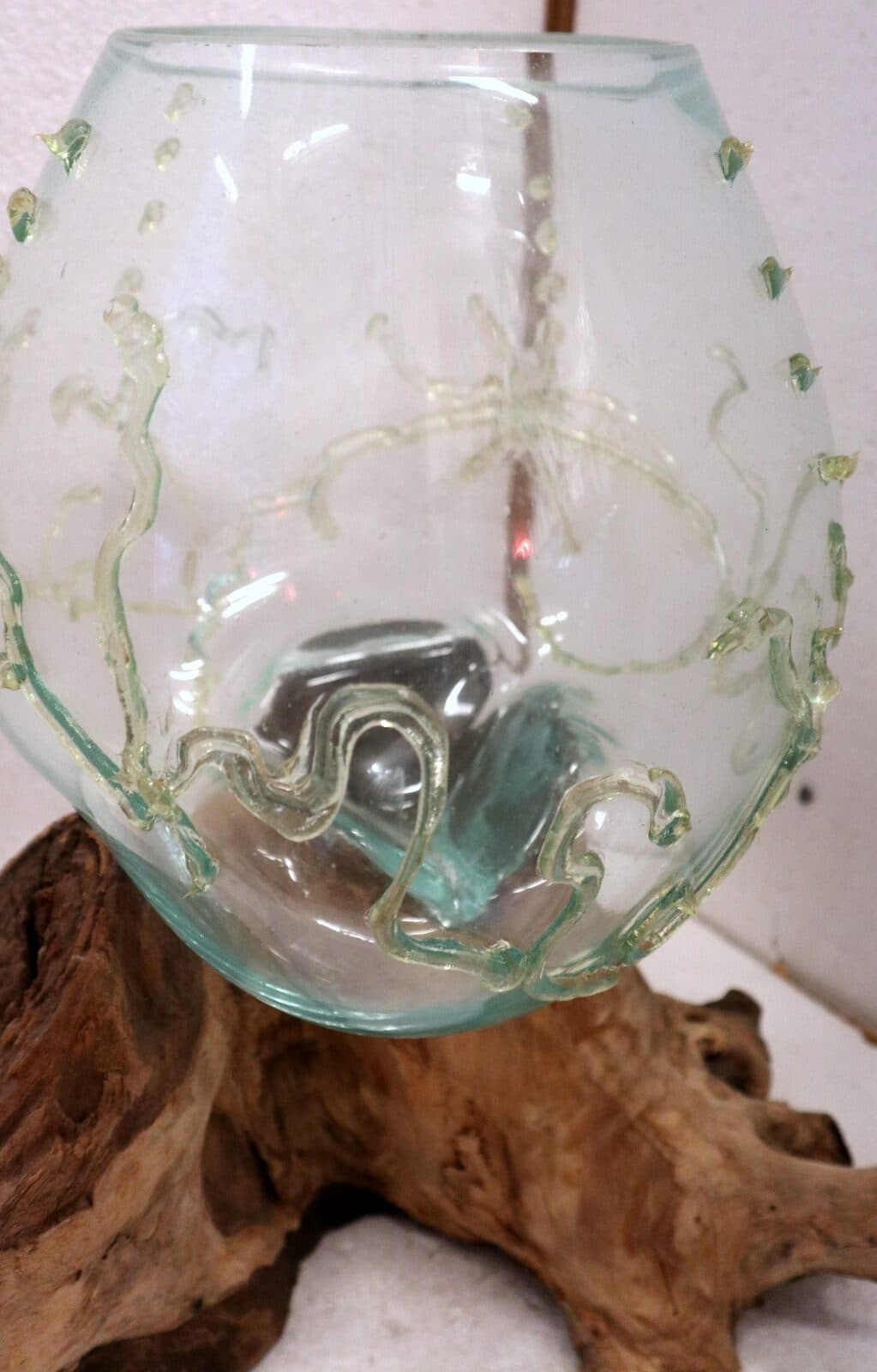 Vaso Indonesiano radice di legno e vetro soffiato 35x25x3h porta fiori acquario decorato - 2