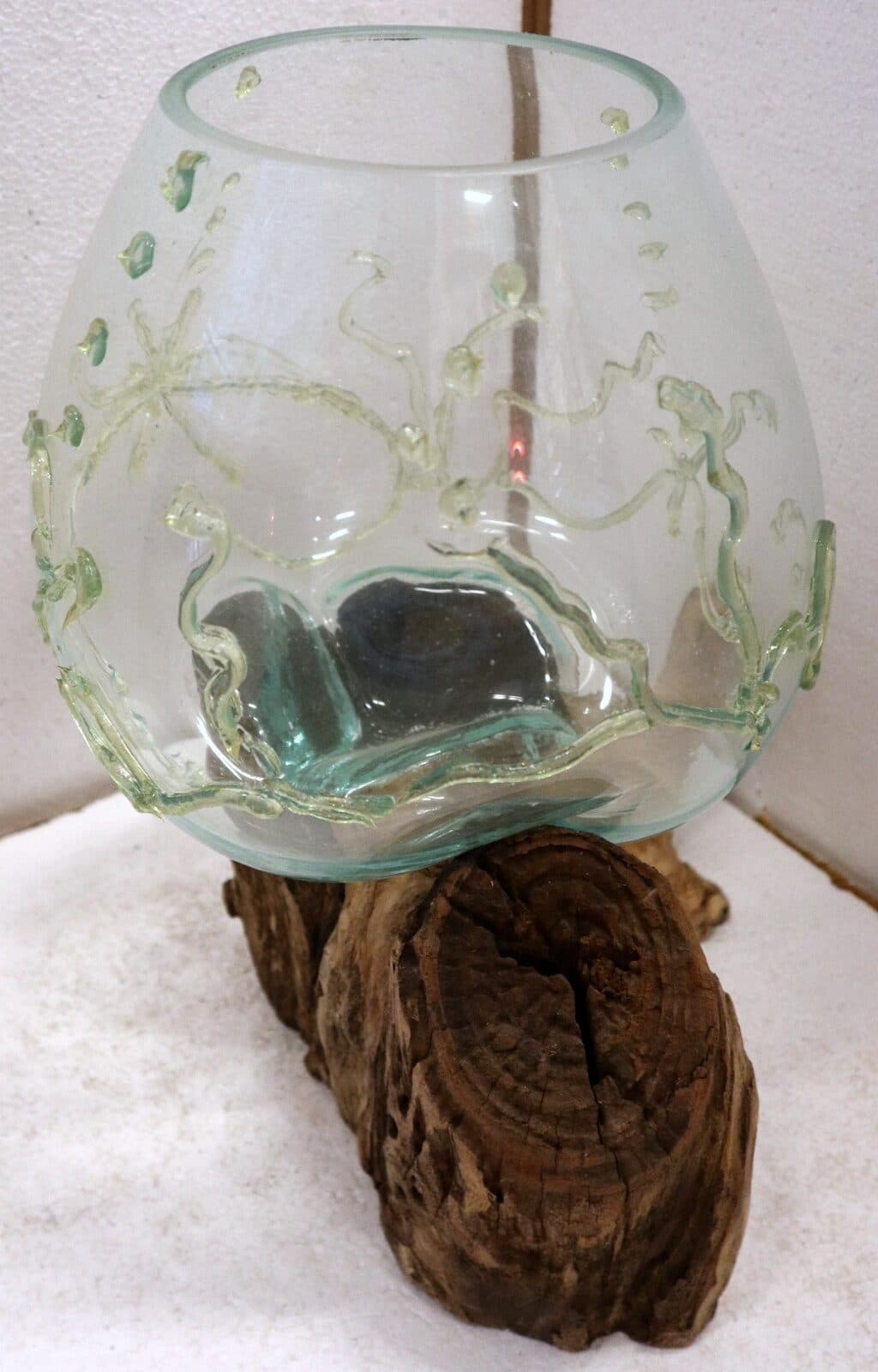 Vaso Indonesiano radice di legno e vetro soffiato 35x25x3h porta fiori acquario decorato - 4