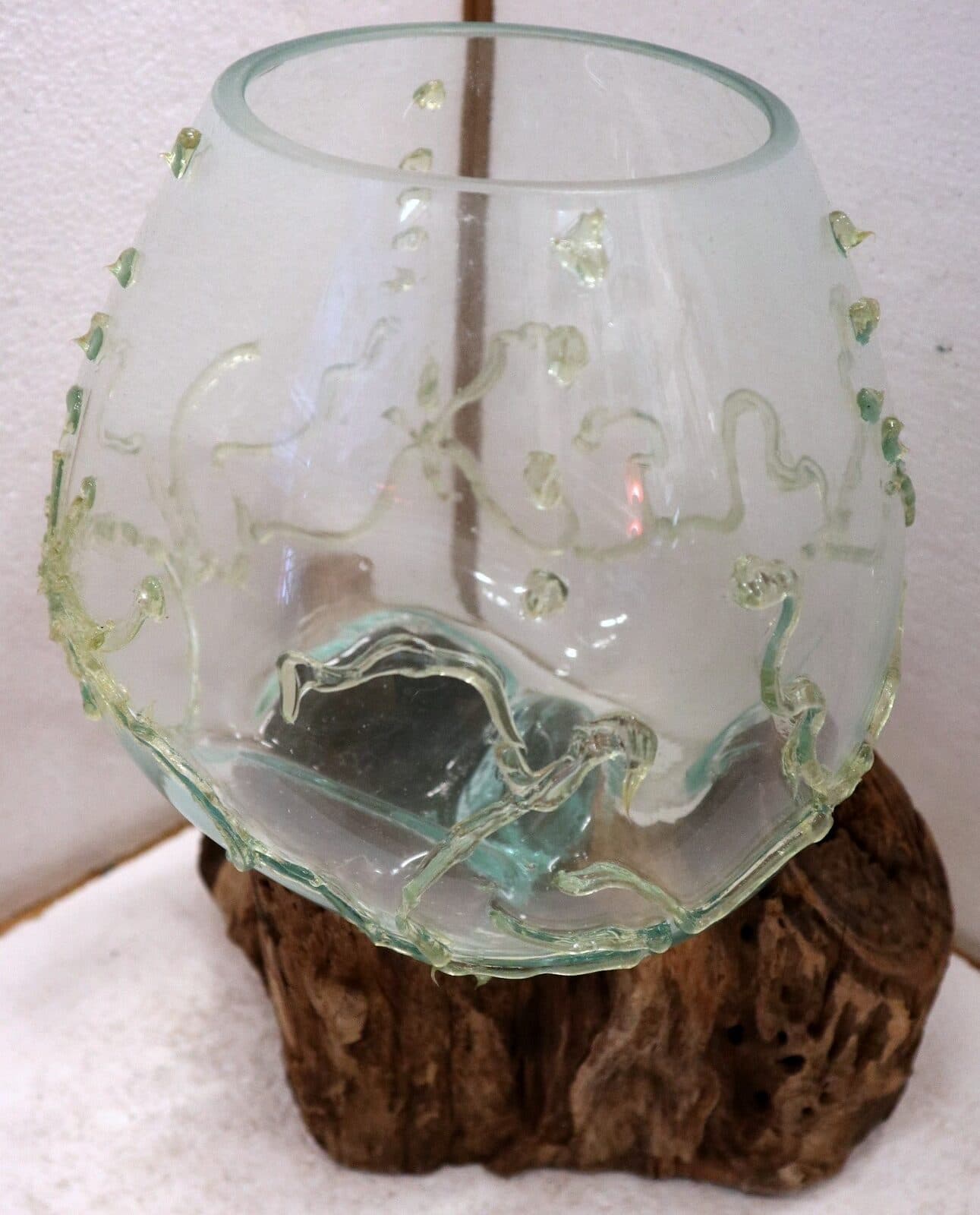 Vaso Indonesiano radice di legno e vetro soffiato 35x25x3h porta fiori acquario decorato - 5