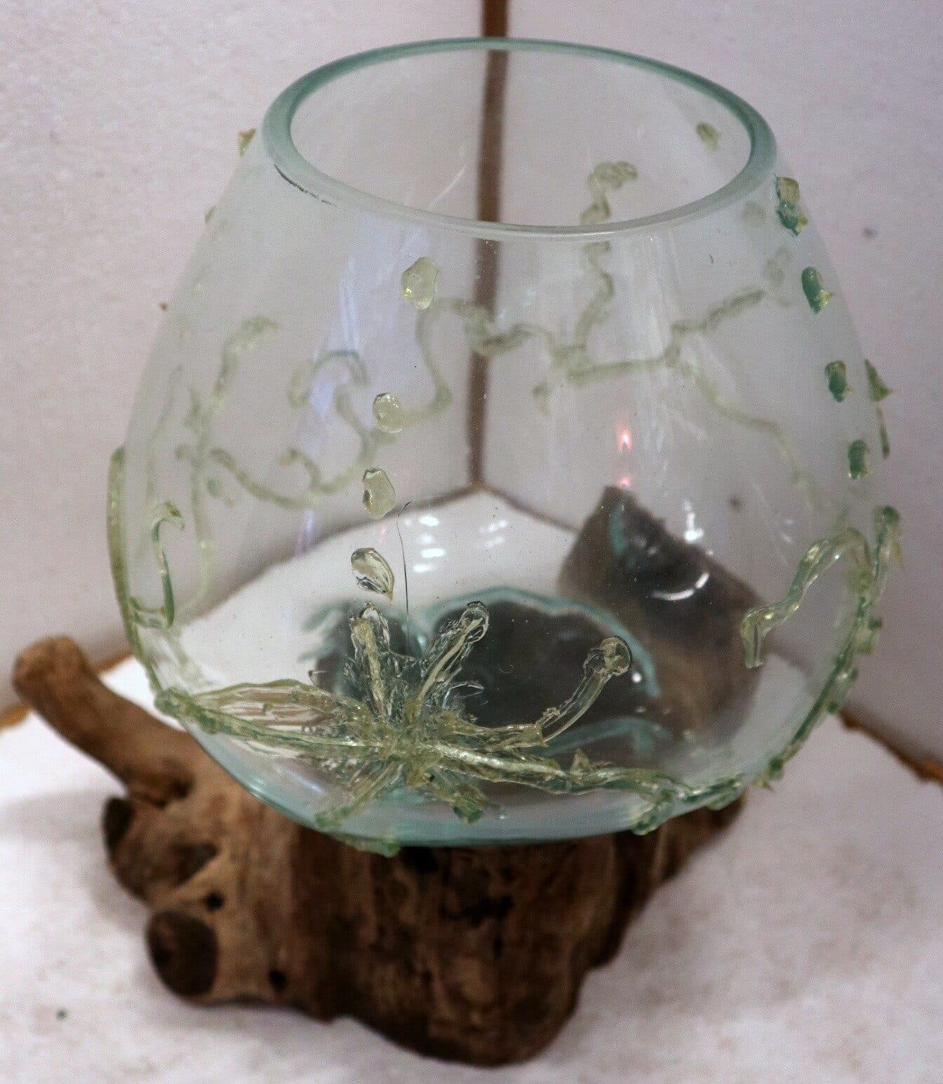 Vaso Indonesiano radice di legno e vetro soffiato 35x25x3h porta fiori acquario decorato - 6