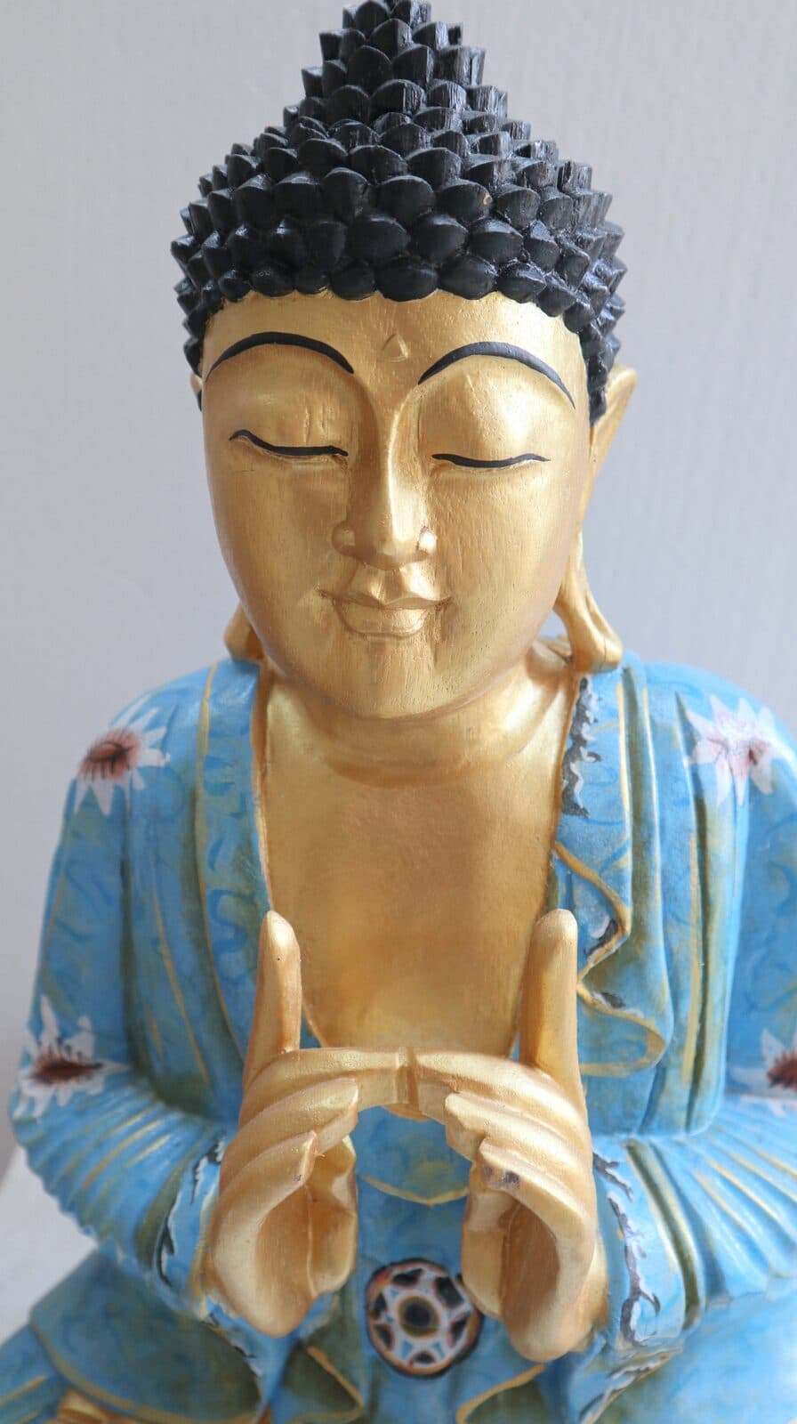 Buddha scultura il legno massello noce indiano o suar  cm 40x20x52h Blu e oro - 2