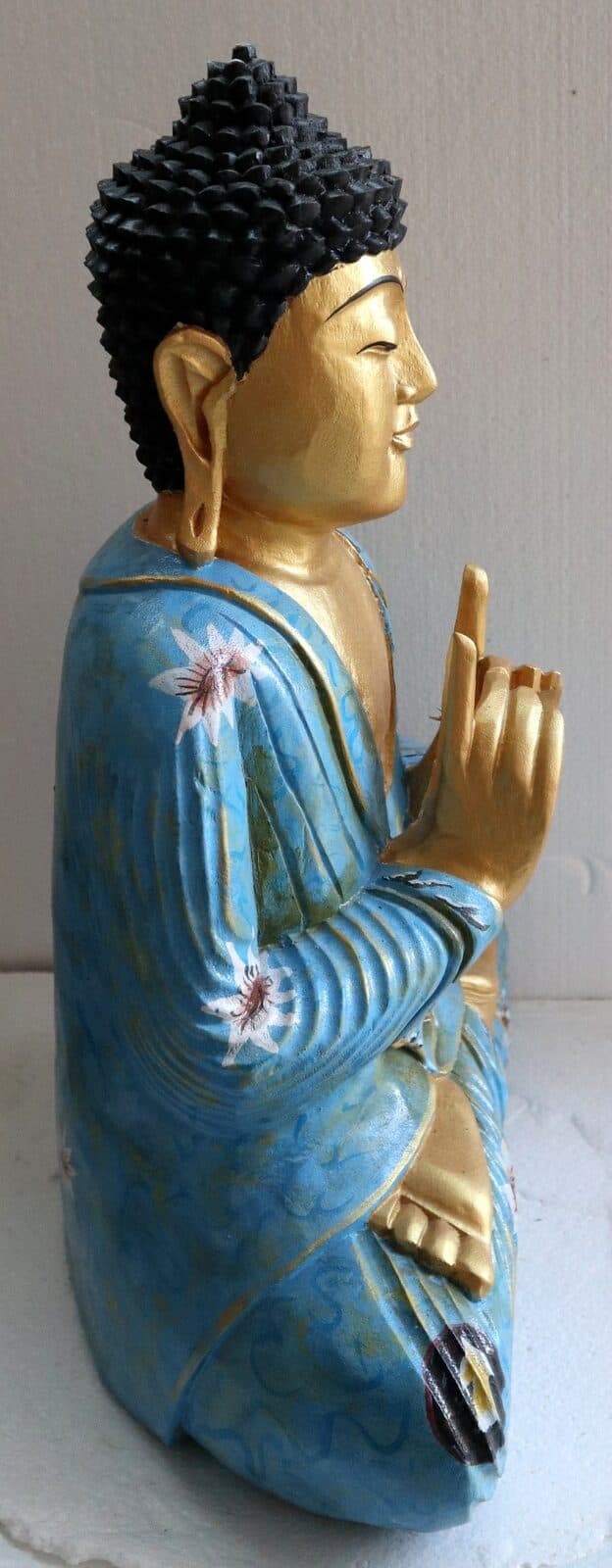 Buddha scultura il legno massello noce indiano o suar  cm 40x20x52h Blu e oro - 3