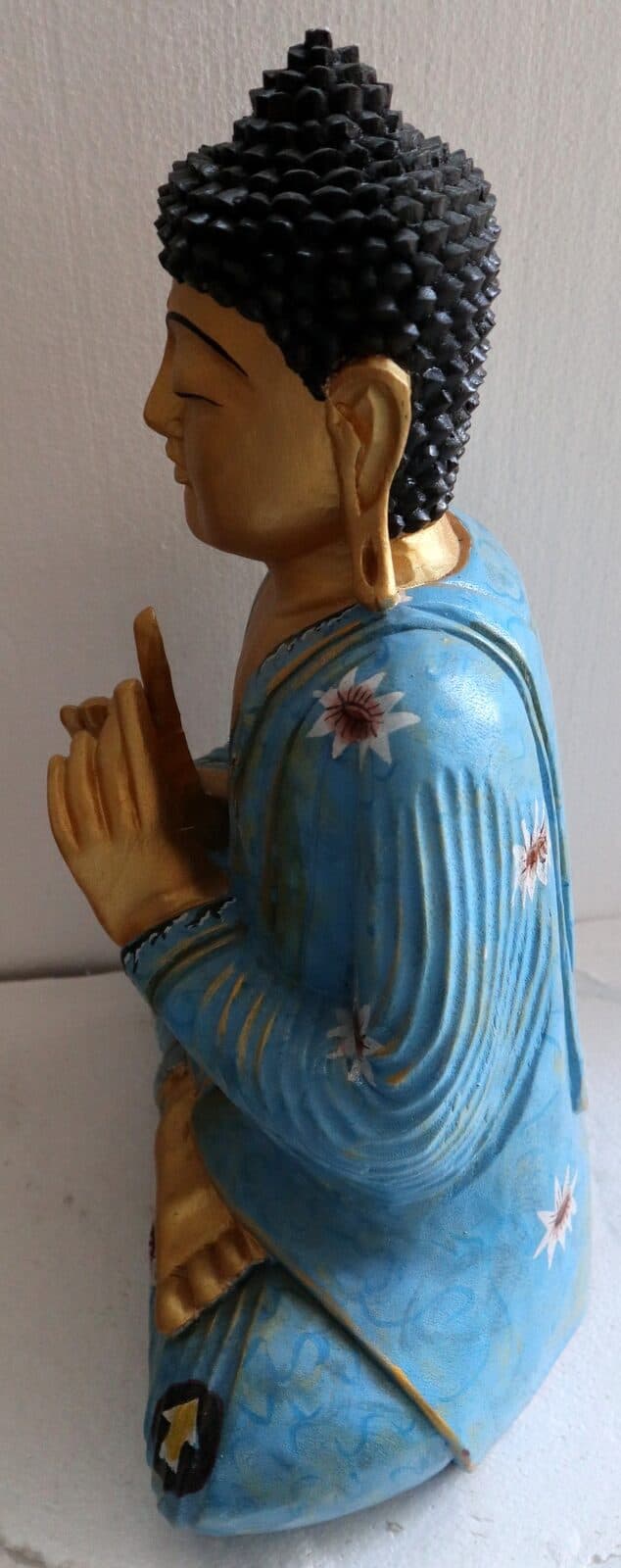 Buddha scultura il legno massello noce indiano o suar  cm 40x20x52h Blu e oro - 5