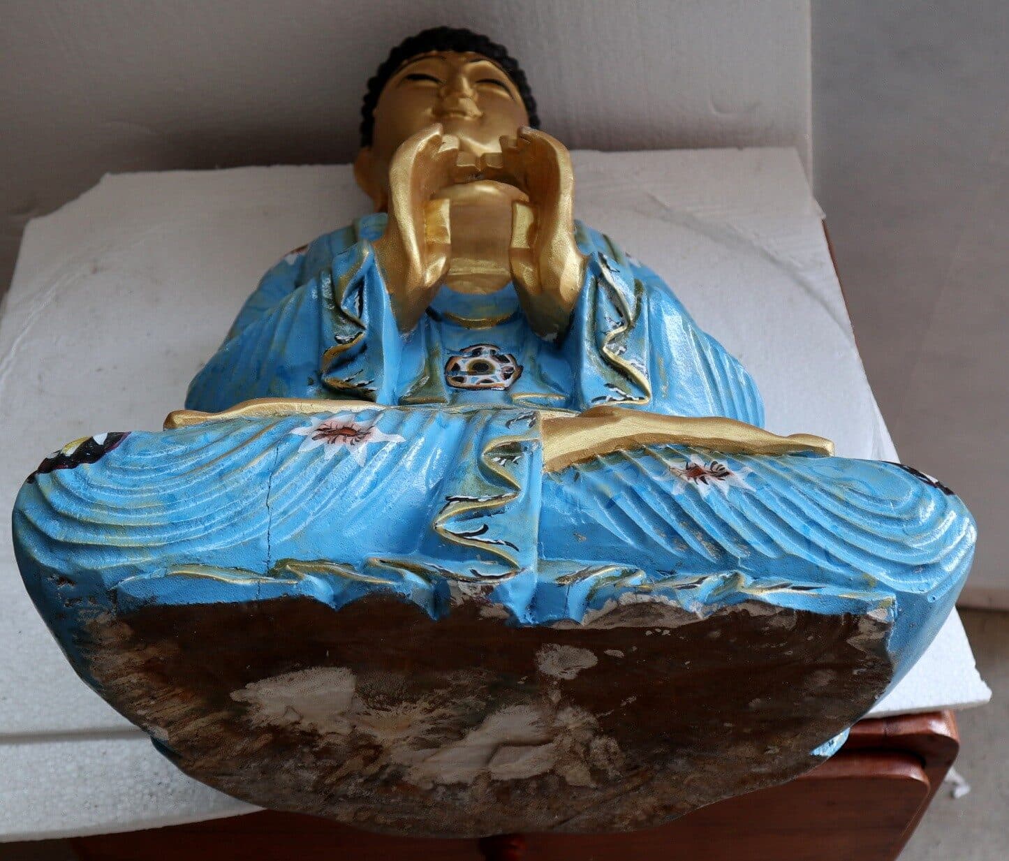 Buddha scultura il legno massello noce indiano o suar  cm 40x20x52h Blu e oro - 6