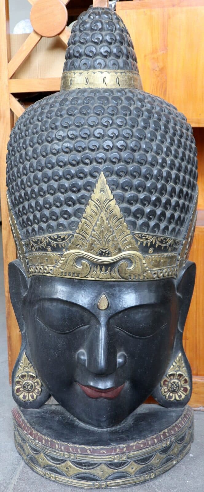 Testa di Buddha in Legno Intagliato a Mano – 50x24x110h cm – Artigianato Indonesiano – Solo 2 Pezzi Disponibili - 3