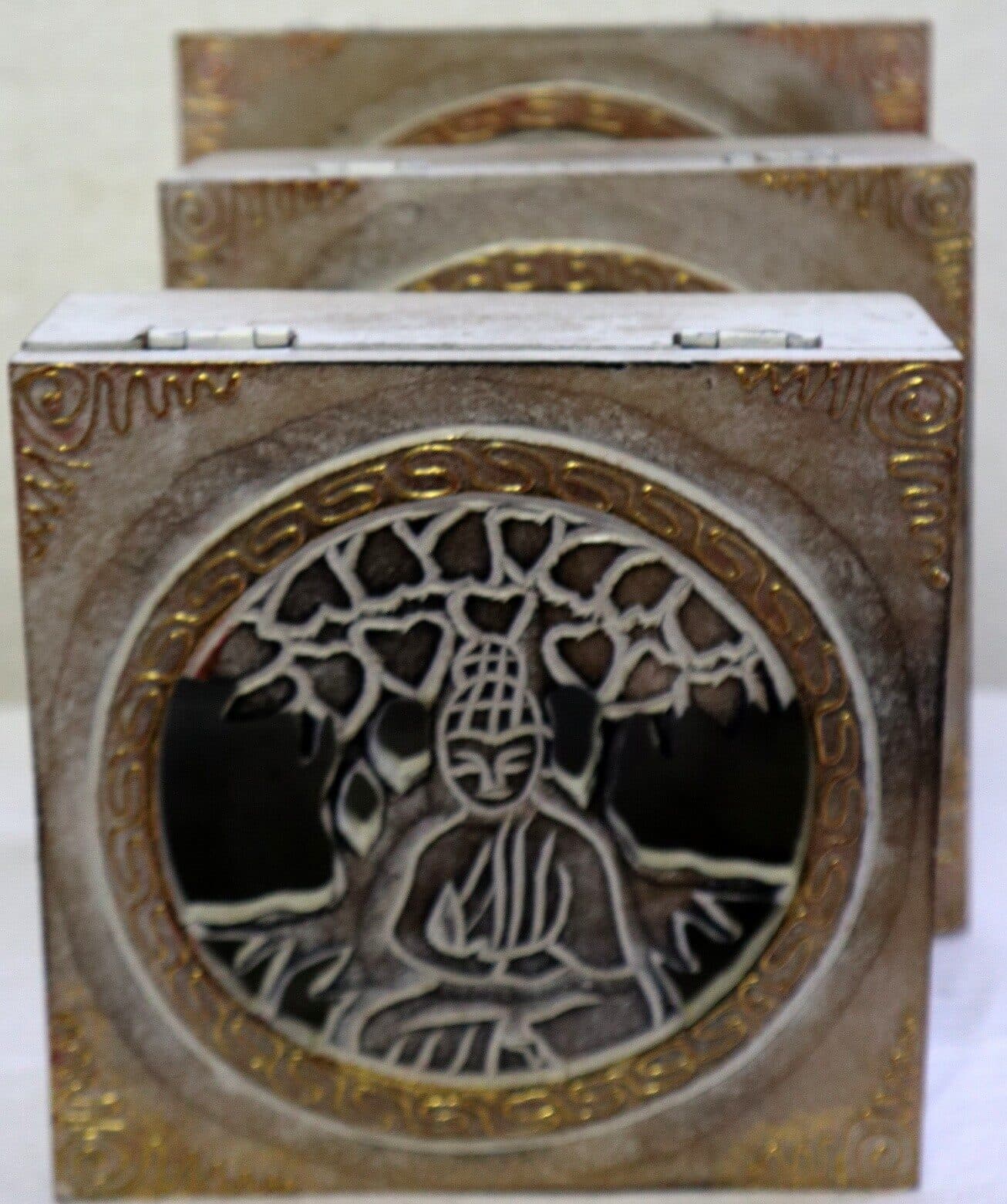Tris di Portagioie o svuota tasche  in legno mdf traforata con inciso albero della vita e Buddha - 5