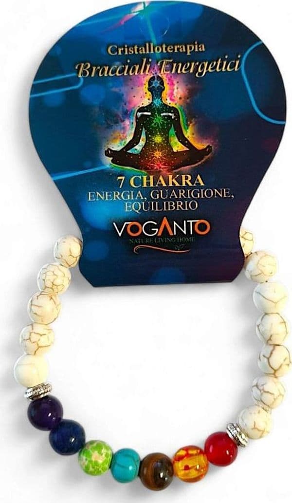 Bracciale energetico VOGANTO 7 Chakra bianco pietre vere Ametista Howlite blu Turchese Howlite verde Occhio di tigre Ambra - 5