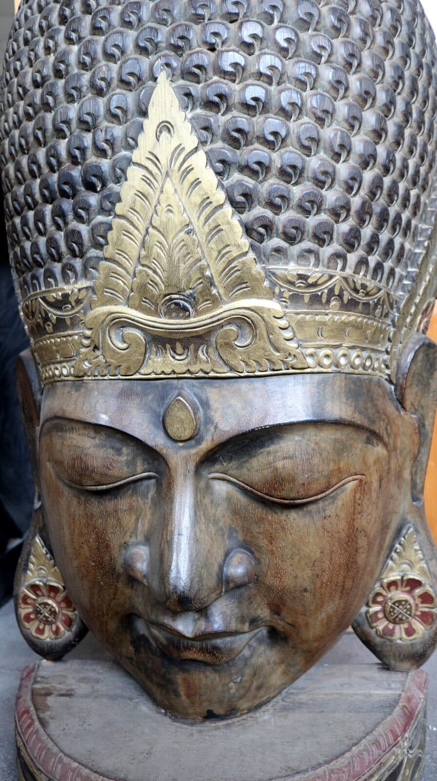 Testa di Buddha in Legno Intagliato a Mano – 50x24x110h cm – Artigianato Indonesiano – marrone - 3