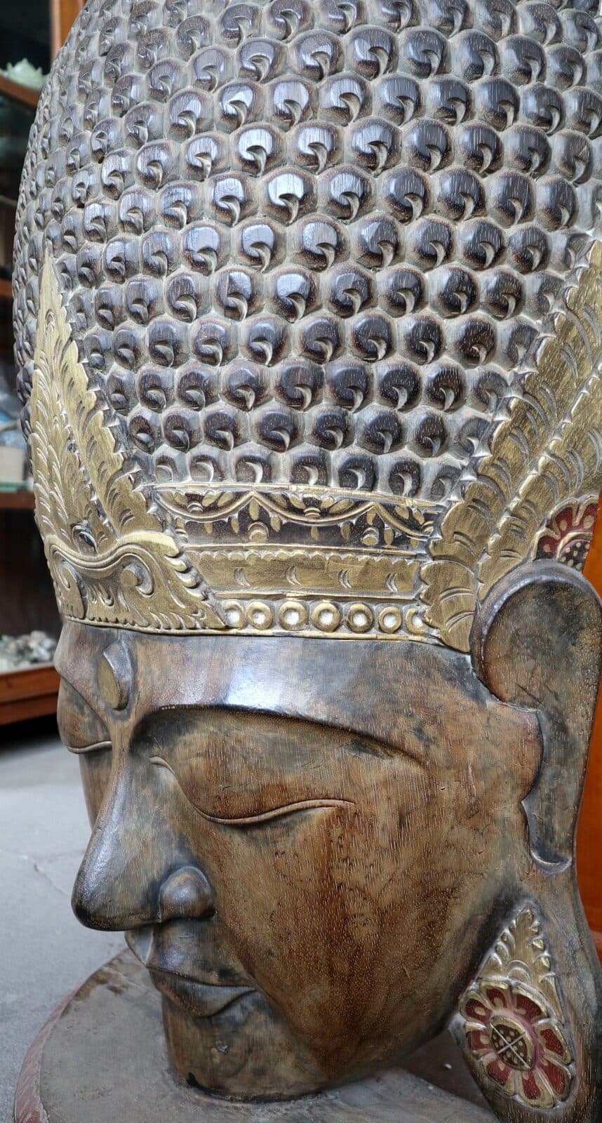 Testa di Buddha in Legno Intagliato a Mano – 50x24x110h cm – Artigianato Indonesiano – marrone - 5