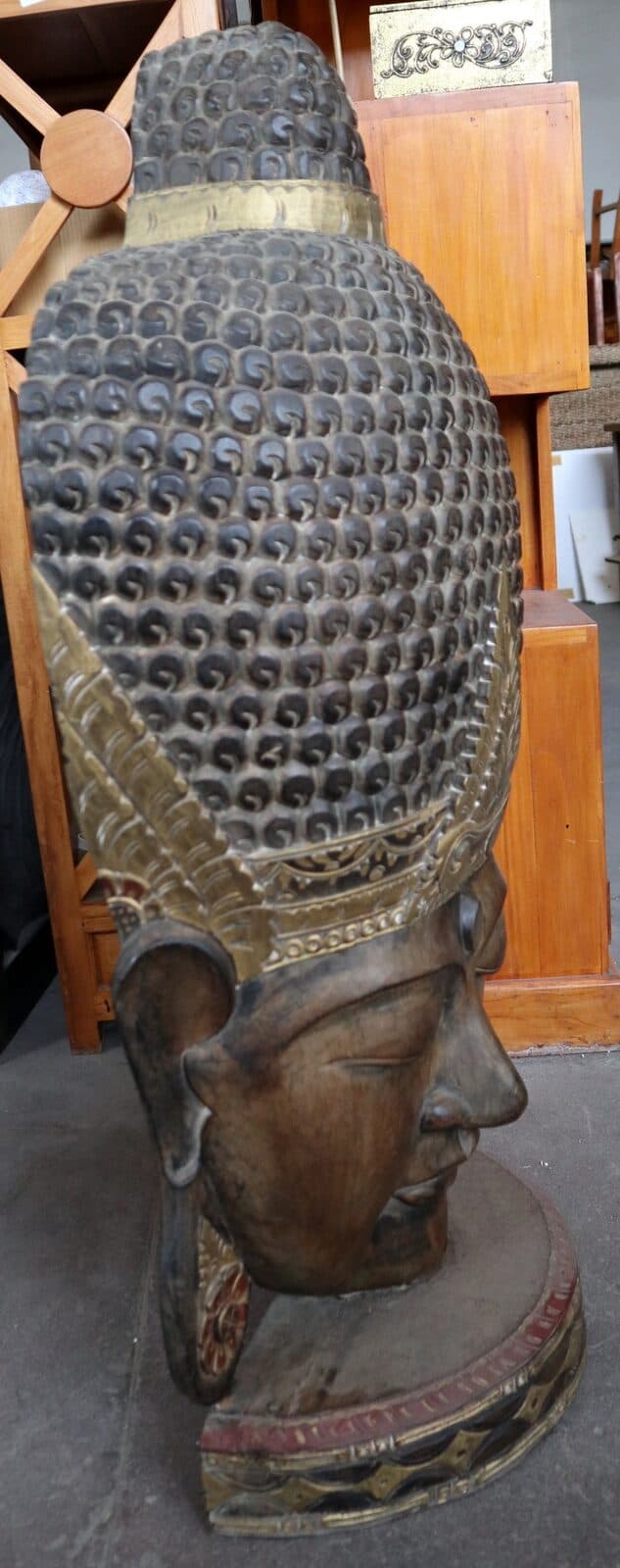 Testa di Buddha in Legno Intagliato a Mano – 50x24x110h cm – Artigianato Indonesiano – marrone - 6