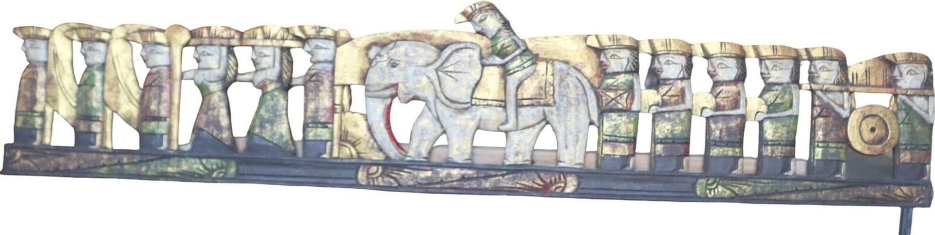 Pannello in Legno Scolpito a Mano – Corteo con Elefante – Indonesia – 150x30 cm – Pezzo Unico Artigianale - 2