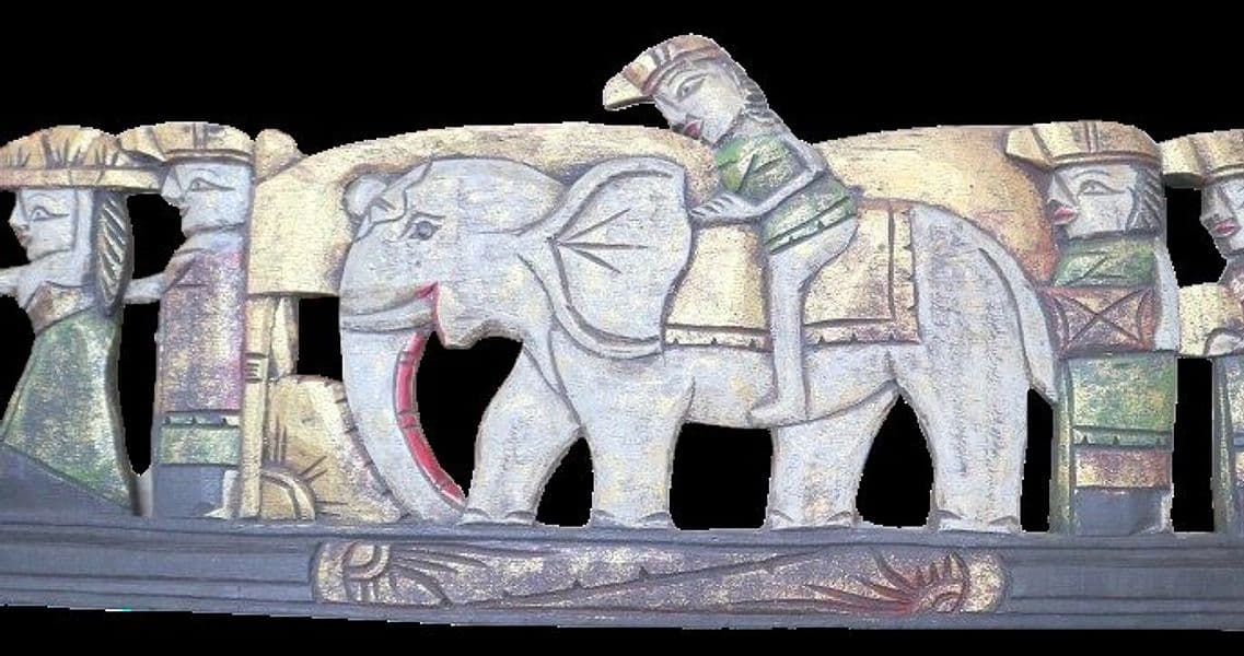 Pannello in Legno Scolpito a Mano – Corteo con Elefante – Indonesia – 150x30 cm – Pezzo Unico Artigianale - 3