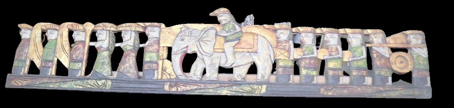 Pannello in Legno Scolpito a Mano – Corteo con Elefante – Indonesia – 150x30 cm – Pezzo Unico Artigianale - 4