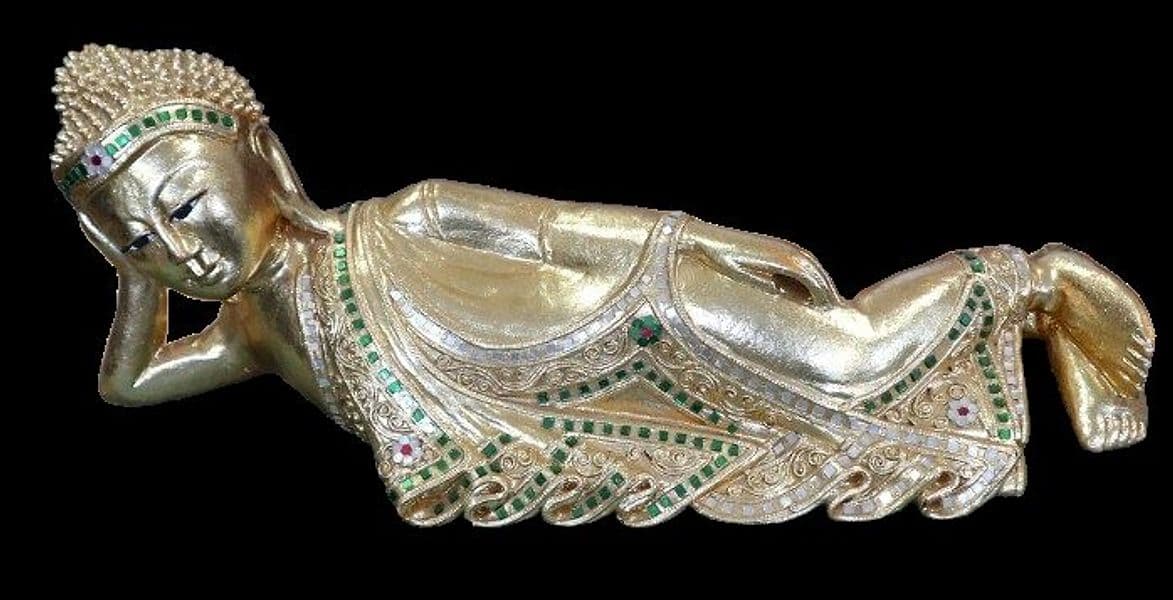 Buddha Thai Sdraiato in Foglia Oro e Specchietti – Scultura Artigianale 57x16x22 cm - 3