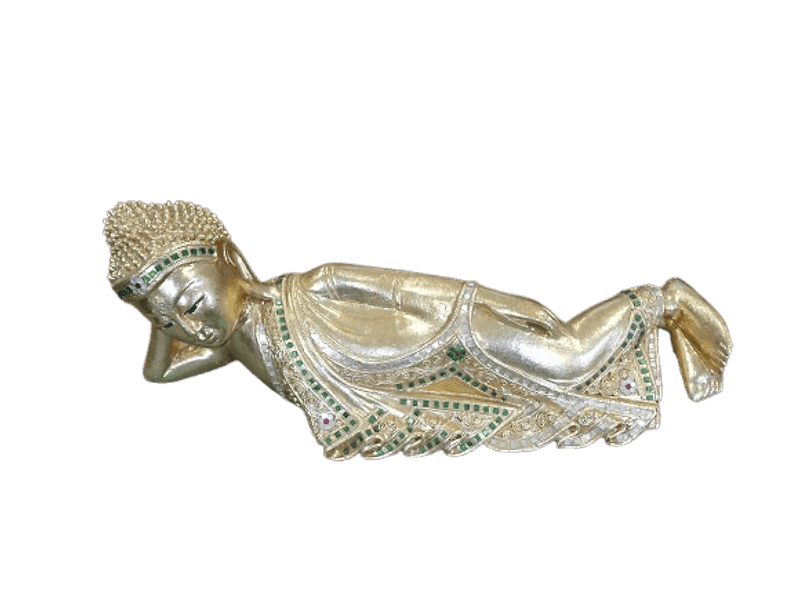 Buddha Thai Sdraiato in Foglia Oro e Specchietti – Scultura Artigianale 57x16x22 cm - 4