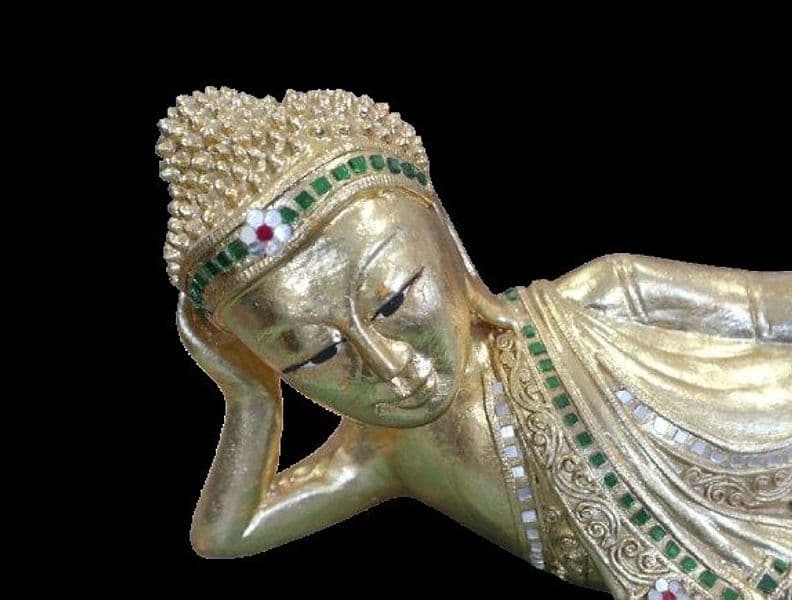 Buddha Thai Sdraiato in Foglia Oro e Specchietti – Scultura Artigianale 57x16x22 cm - 5