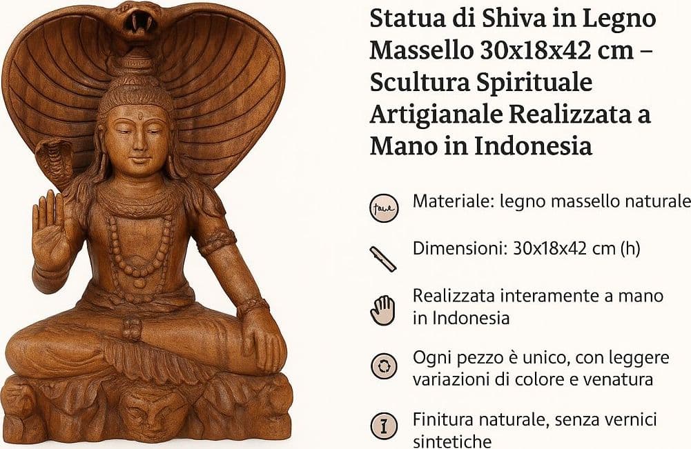 Statua di Shiva in Legno Massello 30x18x42 cm – Scultura Spirituale Artigianale Realizzata a Mano in Indonesia - 2
