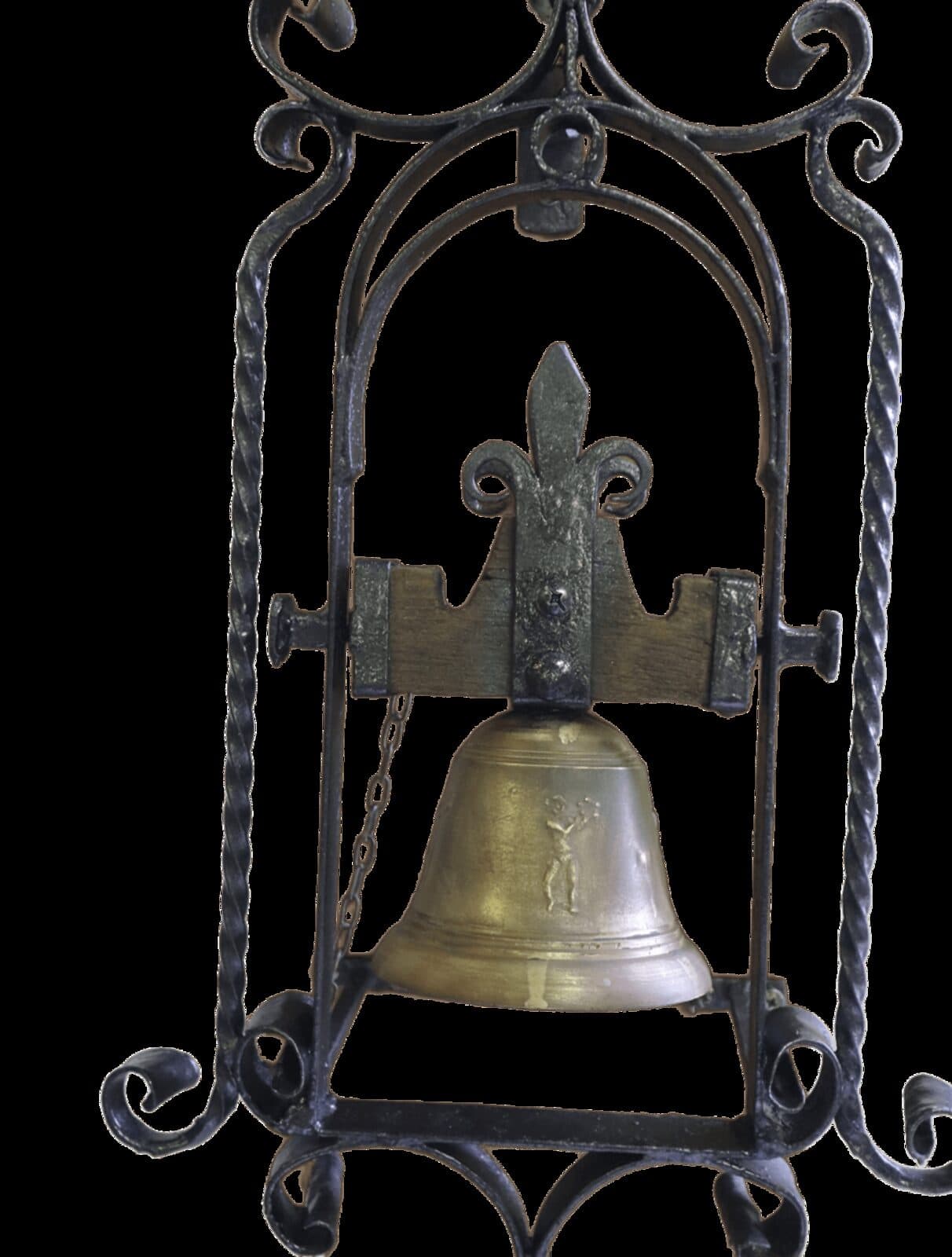Campana d’ingresso in ottone con cornice in ferro su base di legno — inizio ‘900 (29×36×80 cm) - 4