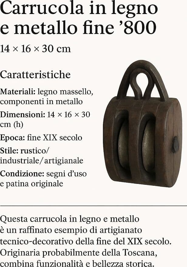 Carrucola in legno e metallo fine ’800 (14 × 16 × 30 cm) — manufatto artigianale toscano - 2