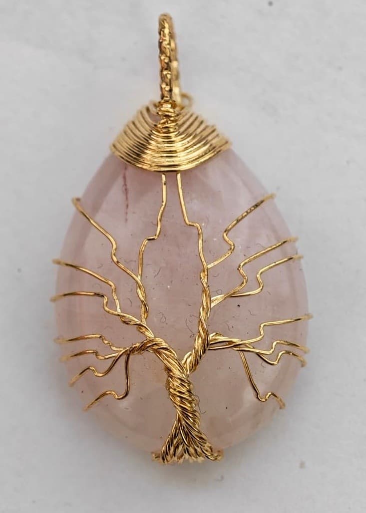 Ciondolo Albero della Vita in Quarzo Rosa – Pietra Naturale con Filo Dorato Anallergico | Fatto a Mano - 3