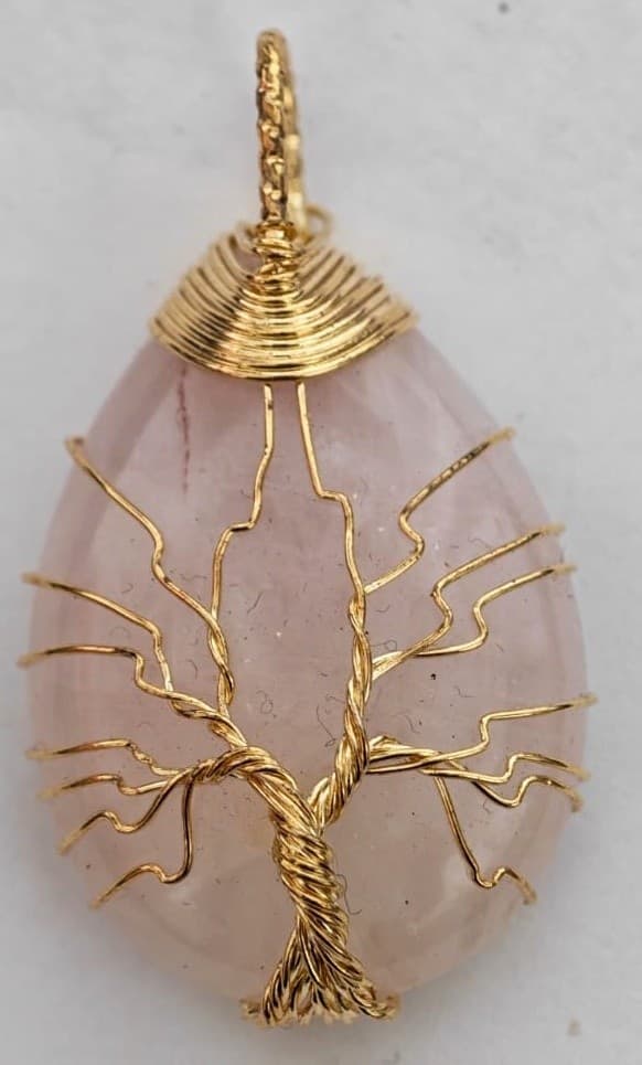 Ciondolo Albero della Vita in Quarzo Rosa – Pietra Naturale con Filo Dorato Anallergico | Fatto a Mano - 4
