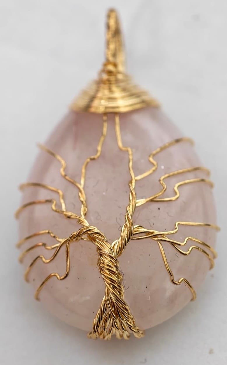 Ciondolo Albero della Vita in Quarzo Rosa – Pietra Naturale con Filo Dorato Anallergico | Fatto a Mano - 5