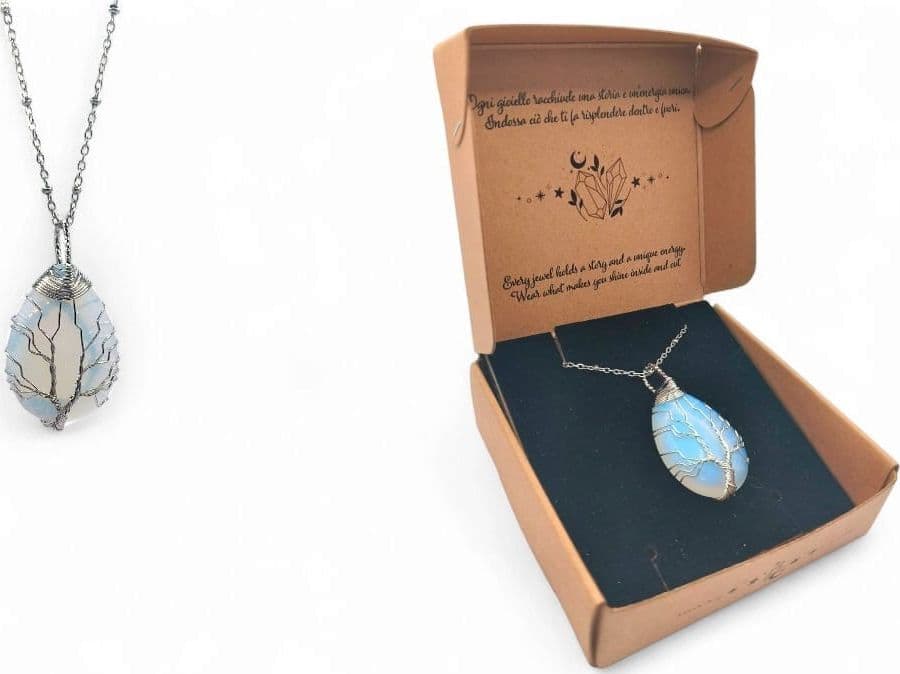 Ciondolo a Goccia Albero della Vita in Argento con Opalite – Gioiello Artigianale Spirituale con Scatola - 4