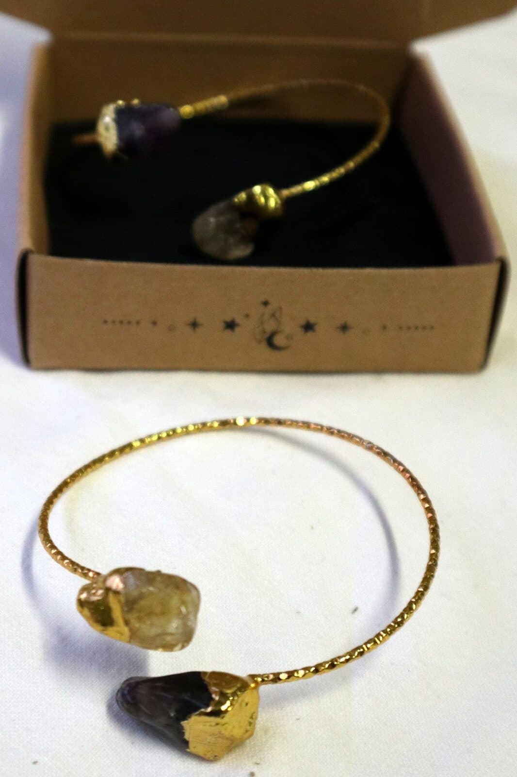 ✨ Bracciale Artigianale in Acciaio con Bagno Galvanico in Oro, Ametista e Citrino Grezzi ✨ - 3