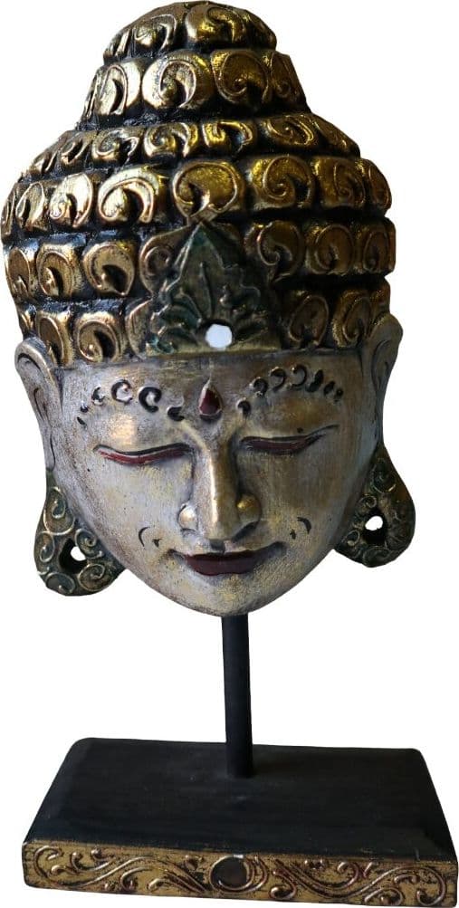 Testa di Buddha in Legno Albesia 30 cm – Scultura Artigianale Indiana Dipinta a Mano – Decorazione Zen Oro Anticato - 2