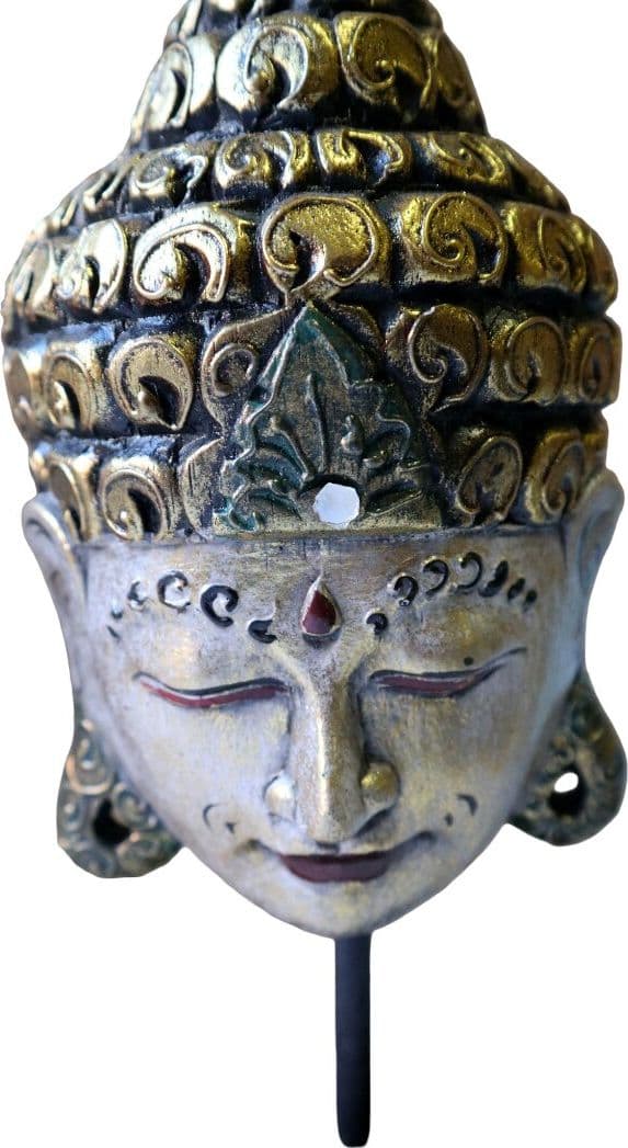 Testa di Buddha in Legno Albesia 30 cm – Scultura Artigianale Indiana Dipinta a Mano – Decorazione Zen Oro Anticato - 3
