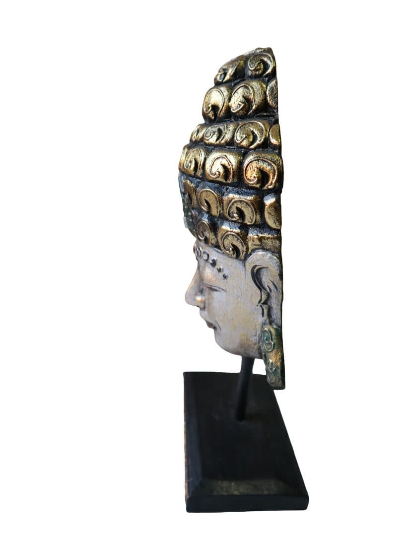 Testa di Buddha in Legno Albesia 30 cm – Scultura Artigianale Indiana Dipinta a Mano – Decorazione Zen Oro Anticato - 5