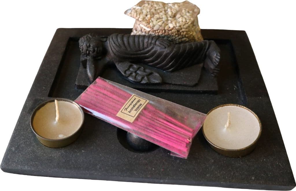 Giardino Zen con Buddha Sdraiato in Pietra – Base Artigianale 22x16 cm – Sabbia Nera, Candele e Incenso - 2