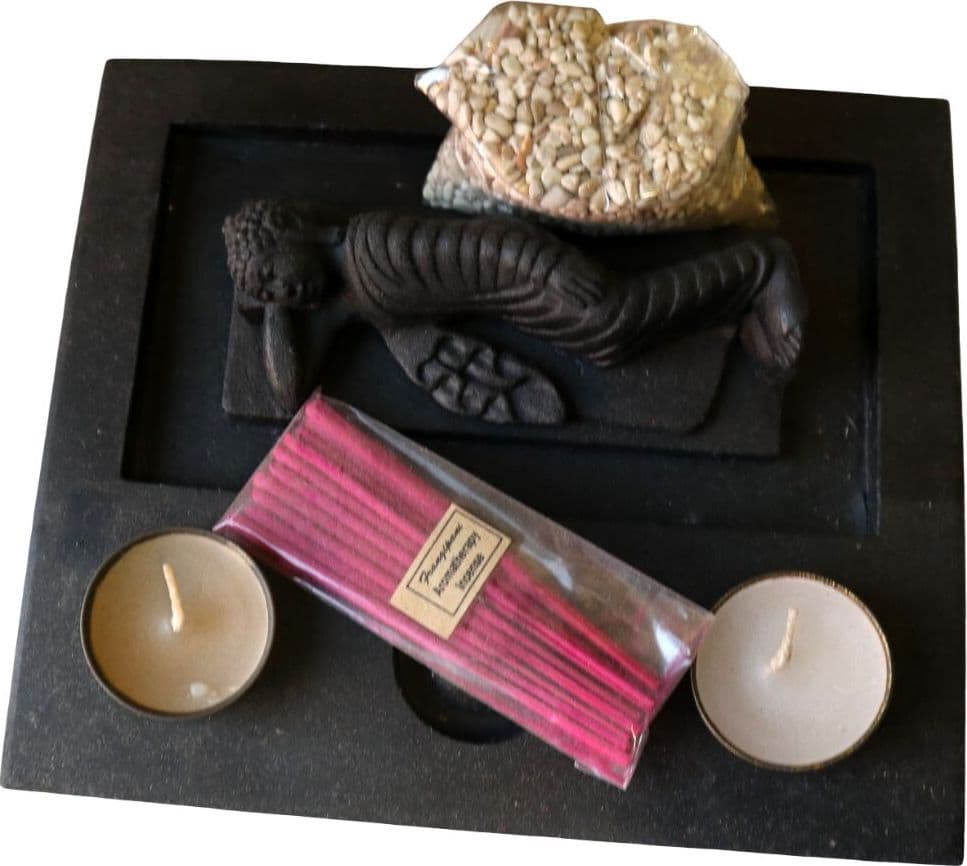 Giardino Zen con Buddha Sdraiato in Pietra – Base Artigianale 22x16 cm – Sabbia Nera, Candele e Incenso - 5