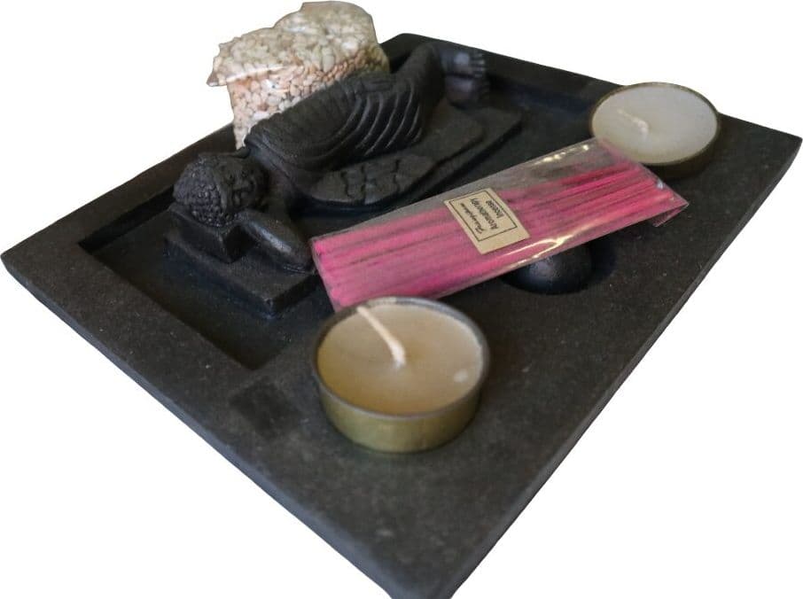Giardino Zen con Buddha Sdraiato in Pietra – Base Artigianale 22x16 cm – Sabbia Nera, Candele e Incenso - 6