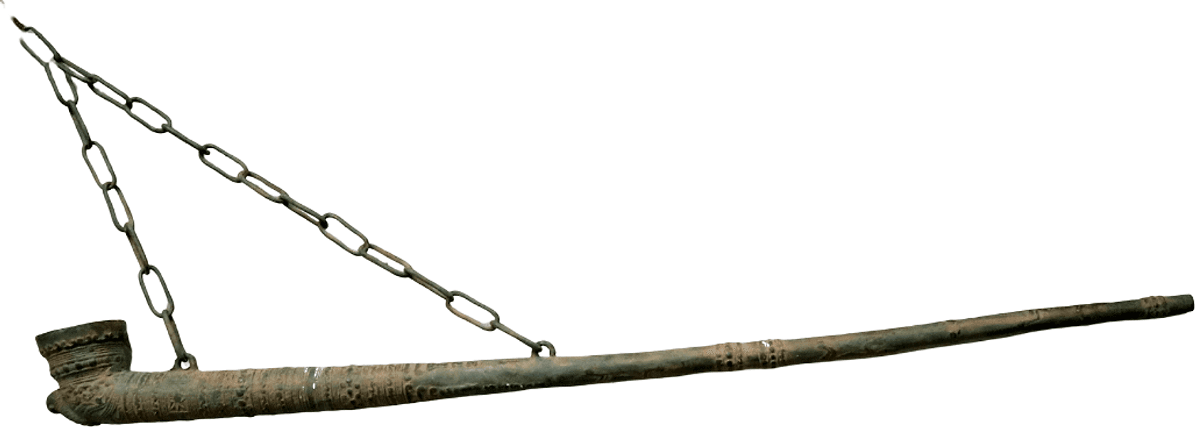 Antica Pipa Indonesiana da Oppio in Bronzo – 93 cm – Oggetto Etnografico Orientale con Catena Decorativa - 2