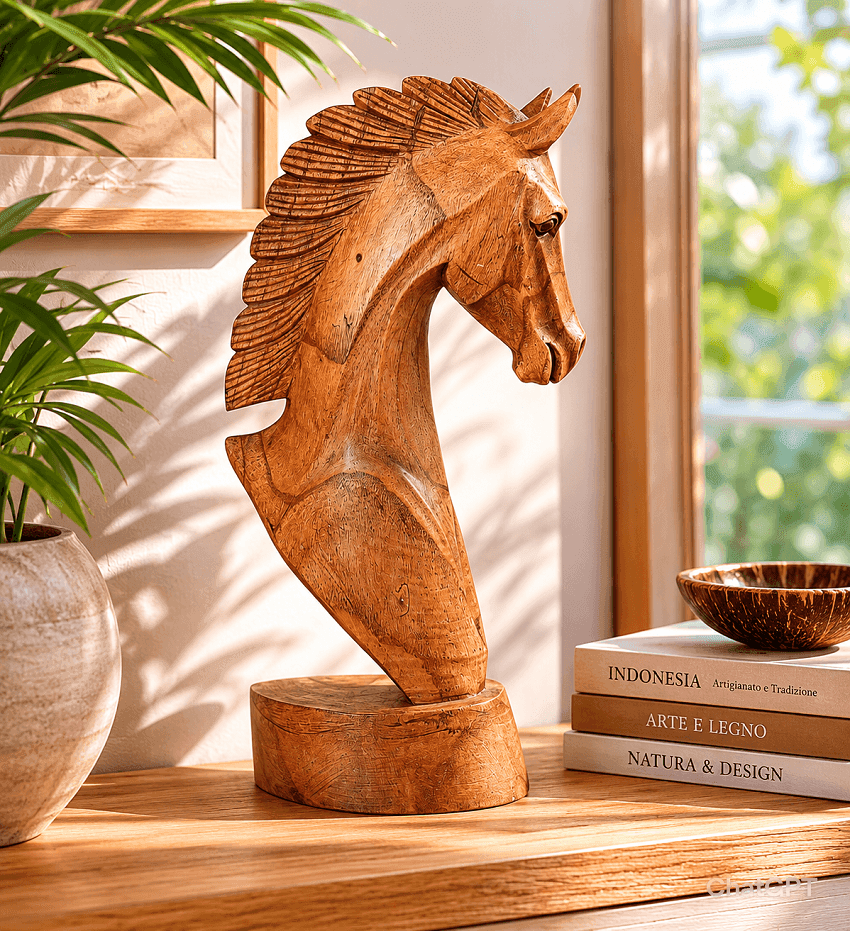 Testa di Cavallo in Legno Intagliata a Mano – Scultura Etnica Indonesiana da Arredo cm 40 - 3