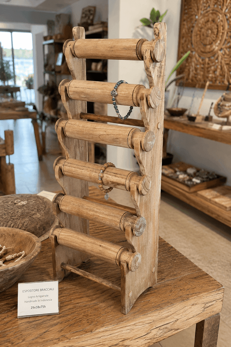Espositore per Bracciali in Legno Artigianale – Porta Gioielli da Banco – Handmade Indonesia 29x18x75 cm - 2