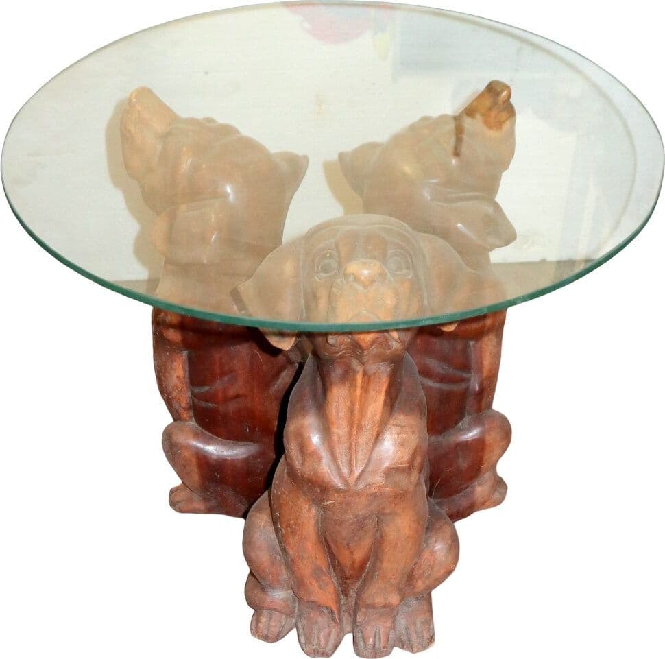 Tavolino da Fumo in Teak con Base Intagliata – Tre Cani  – Ø60 cm – Artigianato Indonesiano - 3